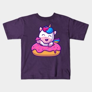 Cute Unicorn Eating Doughnut Cartoon Kids T-Shirt